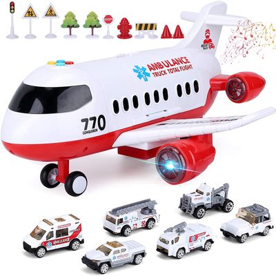 Acksonse Airplane Toy Kids Plane 15 Inches Large with Light and Sound for 3 4 5 6 7 Year Old Boys Girls Toddlers, Ambulance Aircraft Toy Vehicle Play Set with Traffic Signs and 6 Rescue Trucks