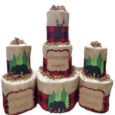 Adventure Woodland Theme Diaper Cake 3 piece set - 3 Tier - Baby Shower Gift - Buffalo Check Red Black - Bear and Deer