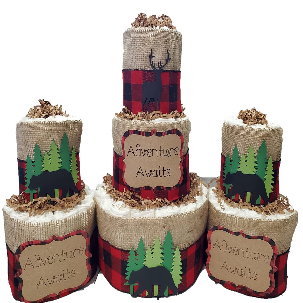 Adventure Woodland Theme Diaper Cake 3 piece set - 3 Tier - Baby Shower Gift - Buffalo Check Red Black - Bear and Deer