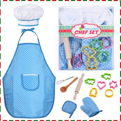 HmiL-U Chef Set for Kids - 13 Pcs Kid Cooking and Baking Set Includes Kids Apron, Chef Hat, Utensils, Cooking Mitt, Gift for 3 Year Old Girls and up(Blue)