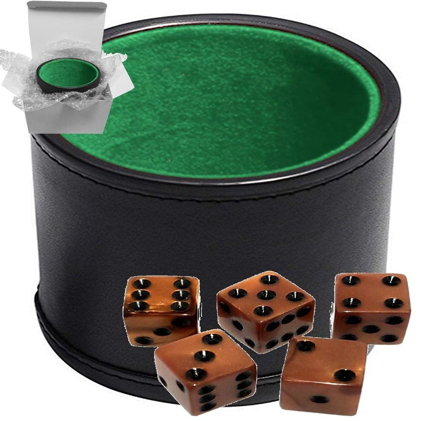 Cyber-Deals Set of 16mm Pearlized Olympic Dice and Black PU Leather Velvet Lined Dice Cup (Gift Boxed) (Bronze Dice, Green Lining Cup)