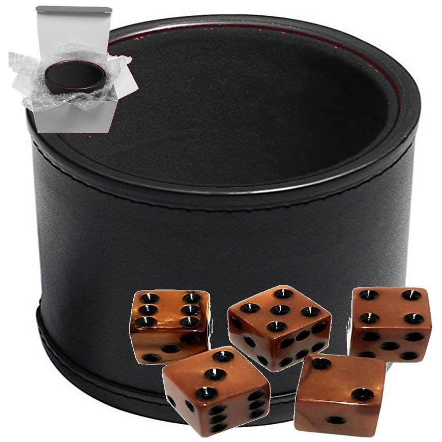 Cyber-Deals Set of 16mm Pearlized Olympic Dice and Black PU Leather Velvet Lined Dice Cup (Gift Boxed) (Bronze Dice, Black Lining Cup)