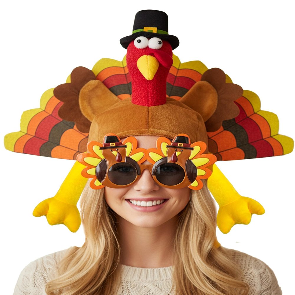 Asekonc Plush Thanksgiving Turkey Hat and Turkey Sunglasses for Turkey Trot Running Race Party Favor Supplies
