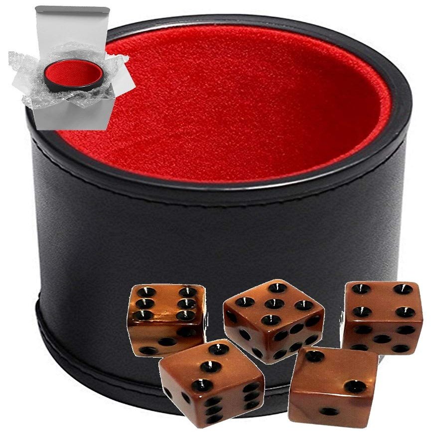 Cyber-Deals Set of 16mm Pearlized Olympic Dice and Black PU Leather Velvet Lined Dice Cup (Gift Boxed) (Bronze Dice, Red Lining Cup)