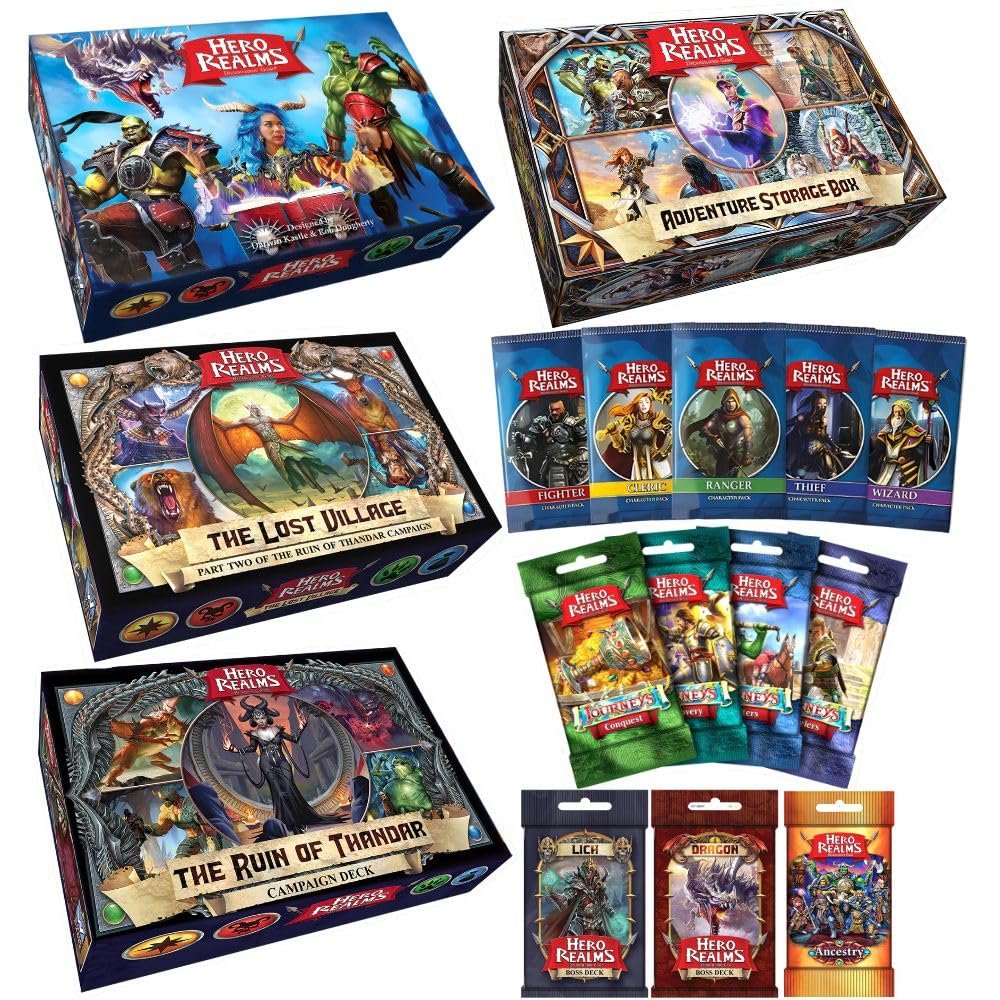 Hero Realms Wise Wizard Games Complete Bundle: Base Game, Character Packs, Boss Decks, Ruins of Thandar, Ancestry, Journeys, The Lost Village and Storage Box (16 Items)