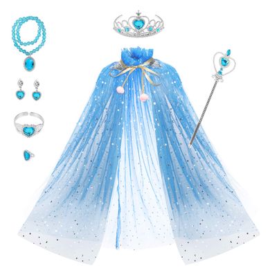 Fedio Princess Cape Set 7 Pieces Girls Princess Cloak with Tiara Crown, Wand for Little Girls Dress up (Blue)