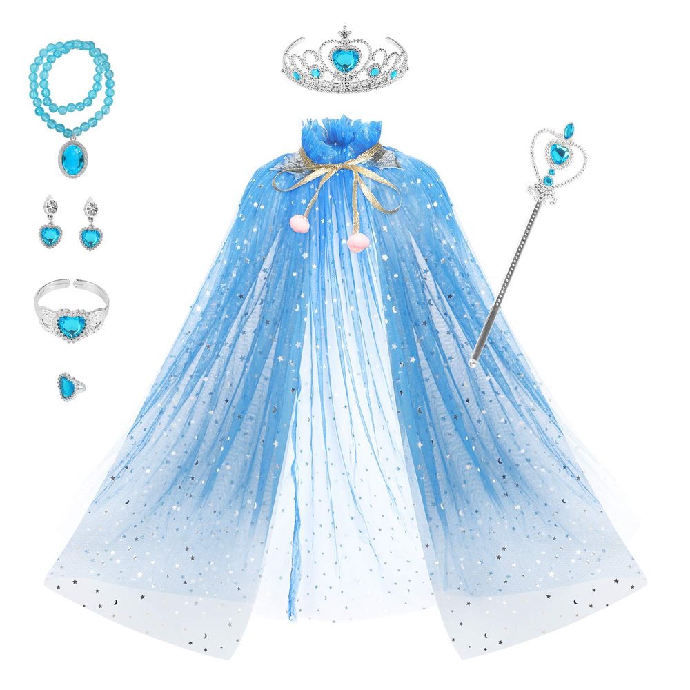 Fedio Princess Cape Set 7 Pieces Girls Princess Cloak with Tiara Crown, Wand for Little Girls Dress up (Blue)