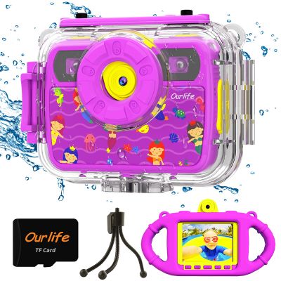 Ourlife Kids Waterproof Camera Gifts for Tenns, 1080P HD Digital Video Camera with 2.4'' IPS Screen, Fill Lights,Selfie Underwater Camera for Little Girls with TF Card, Silicone Handle