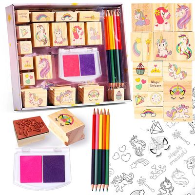 YOYTOO Unicorn Wooden Stamp and Sticker Set for Girls, Stampers, Inkpad, Coloring Pencil, Sticker Included, Arts & Crafts Set for Girls Boys Kids Ages 4 5 6 7 8 9 10 Years Old