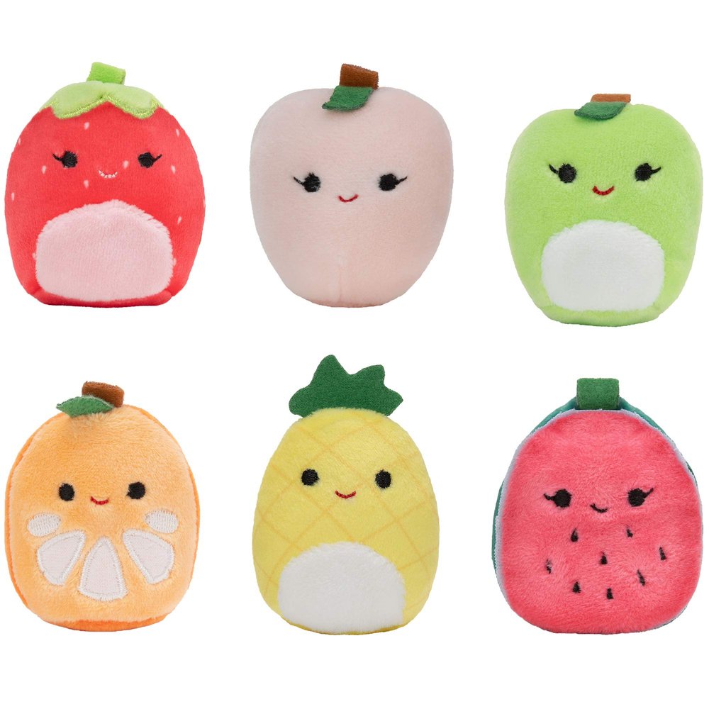 Squishville by Squishmallows Mini Plush Fruit Squad, Six 2" Soft Minimallow Plush, Irresistibly Colorful Fruits, Mini Peach, Pineapple, and Watermelon