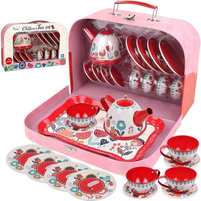 Tea Set for Little Girls, Pretend Play Tea Party Set, Floral Design Kids Tin Tea Set with Carrying Case (15 Pcs)