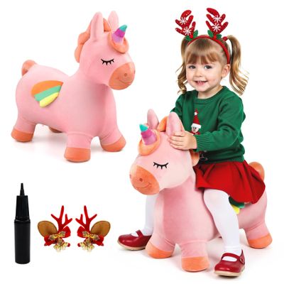 EVERICH TOY Bouncy Horse Unicorn Toys, Inflatable Bouncing Animal Hopping Toys, Outdoor Indoor Ride on Bouncer, Boys Girls Birthday Gift for 18 Month 2 3 4 5 6 Year Old Kid- Plush Unicorn Toy