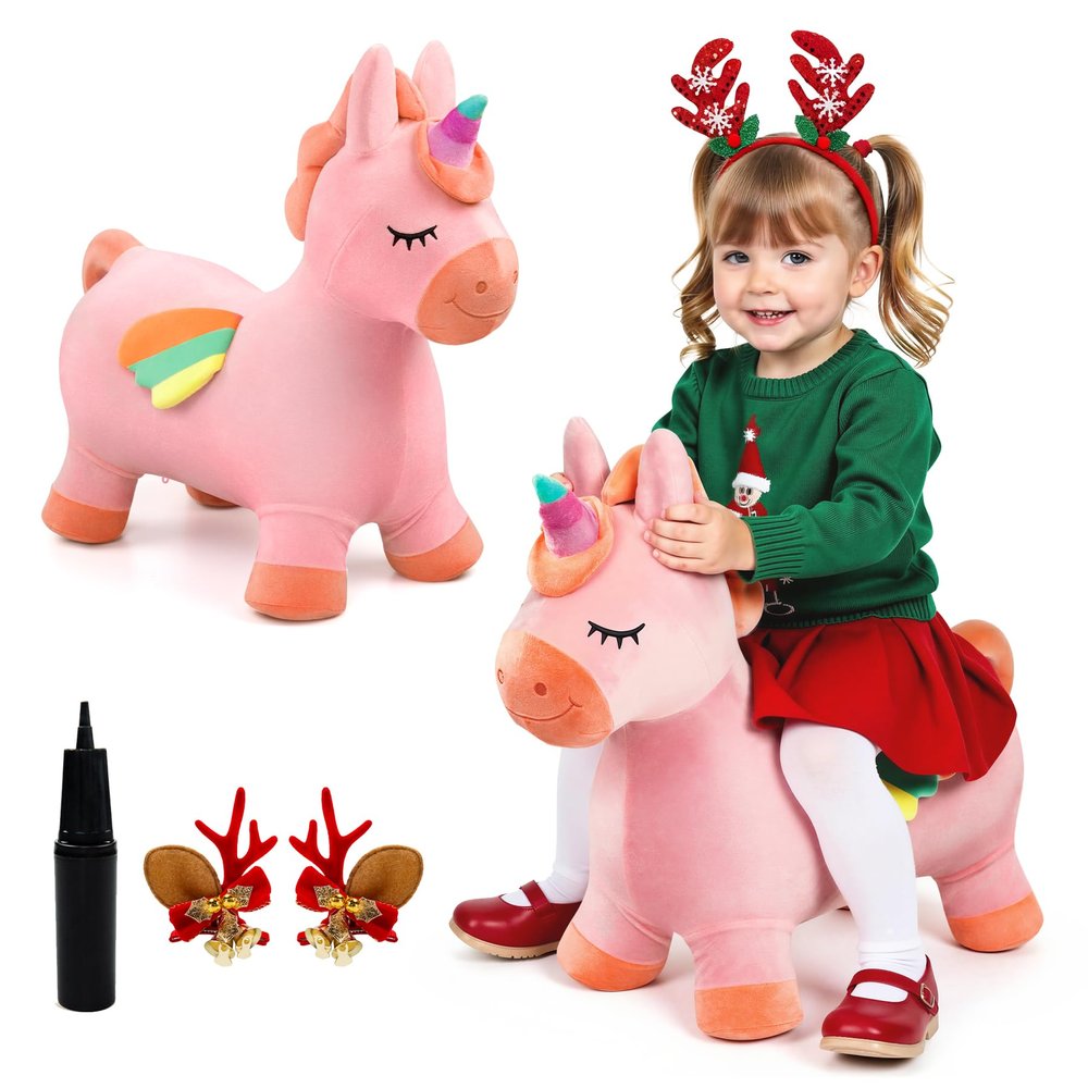 EVERICH TOY Bouncy Horse Unicorn Toys, Inflatable Bouncing Animal Hopping Toys, Outdoor Indoor Ride on Bouncer, Boys Girls Birthday Gift for 18 Month 2 3 4 5 6 Year Old Kid- Plush Unicorn Toy