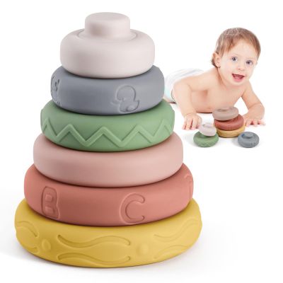 BOBXIN Baby Stacking & Nesting Rings Toy 4.7", 6pcs Soft Silicone Circle Building Stacker,Squeeze Play with Letter,Animal and Graphic,Toddler Sensory Learning Toys for Babies 6 Months+