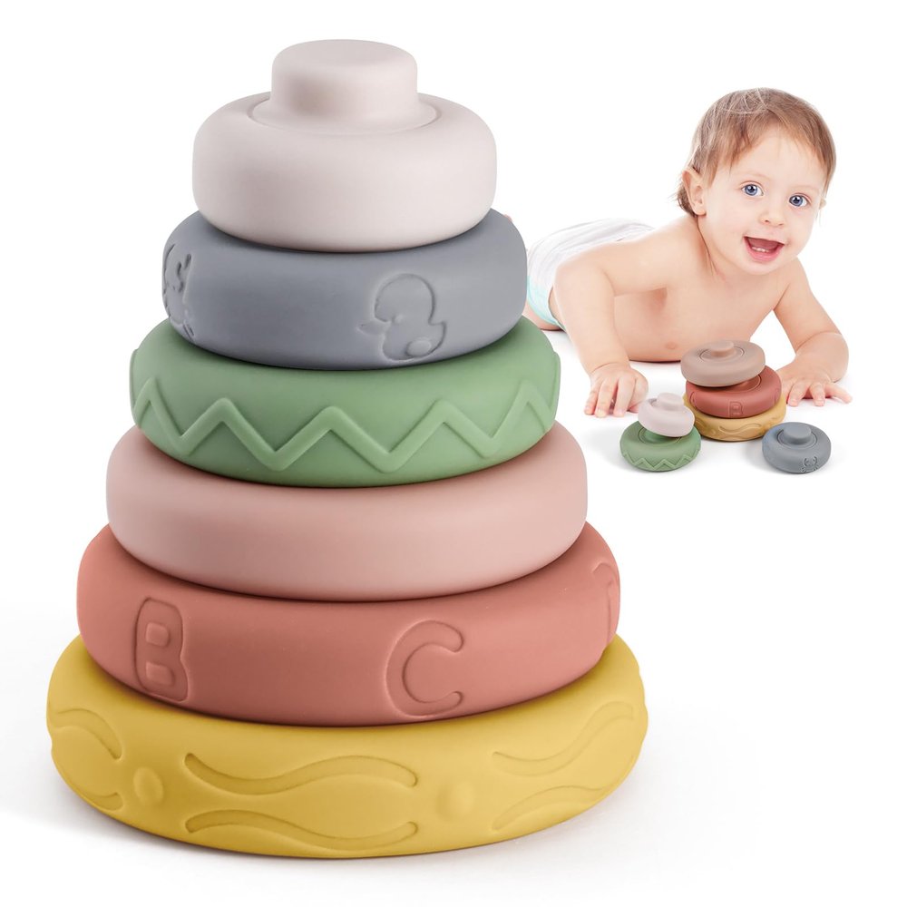 BOBXIN Baby Stacking & Nesting Rings Toy 4.7", 6pcs Soft Silicone Circle Building Stacker,Squeeze Play with Letter,Animal and Graphic,Toddler Sensory Learning Toys for Babies 6 Months+