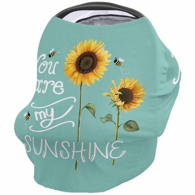 Baby Nursing Cover for Breastfeeding, Summer Floral Sunflowers and Bees Breathable Stretchy Nursing Scarf Carseat Canopy for Boys or Girls Stroller Car Seat Covers Teal Green Background