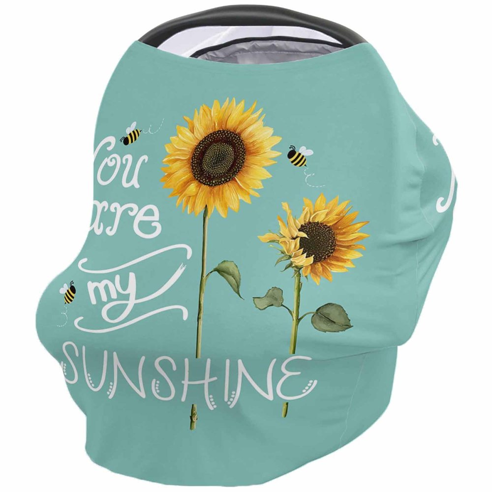 Baby Nursing Cover for Breastfeeding, Summer Floral Sunflowers and Bees Breathable Stretchy Nursing Scarf Carseat Canopy for Boys or Girls Stroller Car Seat Covers Teal Green Background