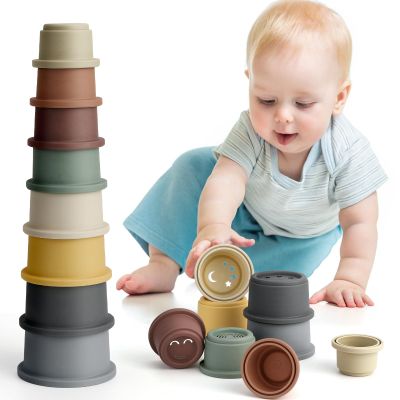 BOBXIN Stacking Cups Baby Building/Bathtub/Beach Toy 11.8, Nesting Cup Early Educational Toddlers Stacking Toy, 8 Pcs with Numbers & Pattern, Fun for Kid Baby 6-12 Months Indoor/Outdoor
