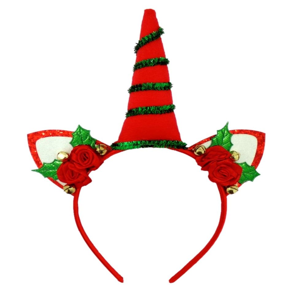 Needzo Christmas Unicorn Headband with Jingle Bells, Festive Holiday Reindeer Party Accessory, Red and Green, One Size Fits Most