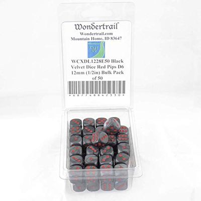 Black Velvet Dice with Red Pips D6 12mm (1/2in) Bulk Pack of 50 Wondertrail