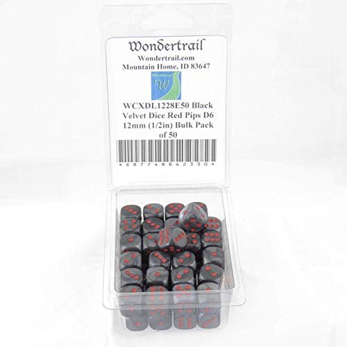 Black Velvet Dice with Red Pips D6 12mm (1/2in) Bulk Pack of 50 Wondertrail