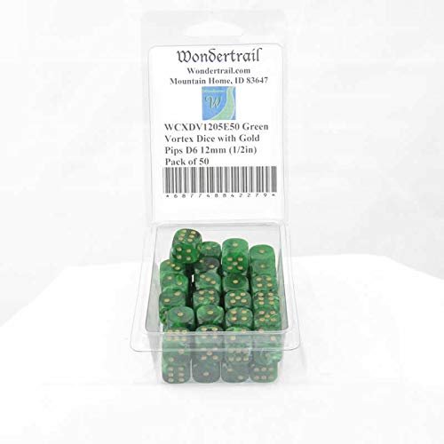 Green Vortex Dice with Gold Pips D6 12mm (1/2in) Pack of 50 Wondertrail