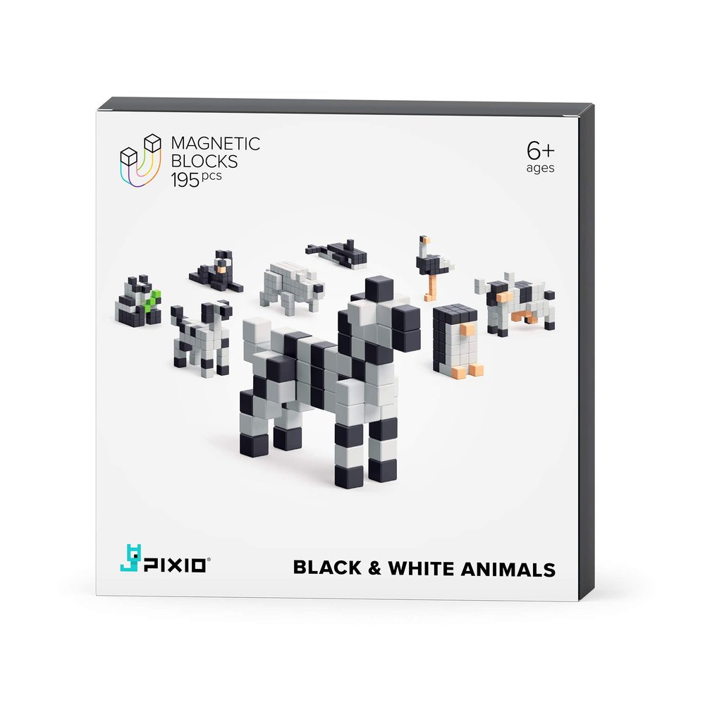 PIXIO Magnetic Cubes - Black & White Animals - Magnetic Cubes Building Toys in Pixel Art Style - Animal Figures - Arts and Crafts Kids Toys - Building Blocks - Learning Toys - 195 pcs