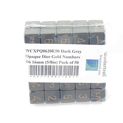 Dark Grey Opaque Dice with Gold Numbers D6 Aprox 16mm (5/8in) Pack of 50 Wondertrail