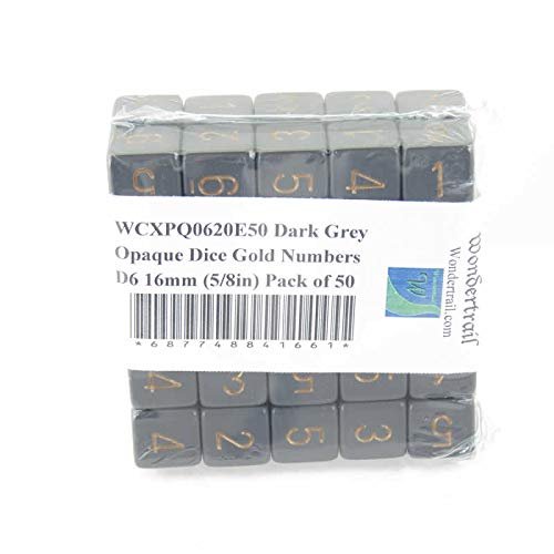 Dark Grey Opaque Dice with Gold Numbers D6 Aprox 16mm (5/8in) Pack of 50 Wondertrail