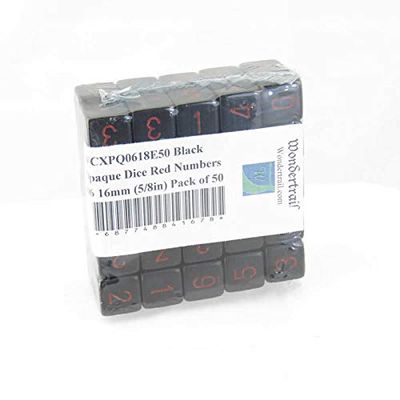 Black Opaque Dice with Red Numbers D6 Aprox 16mm (5/8in) Pack of 50 Wondertrail