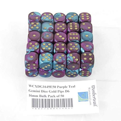 Purple and Teal Gemini Dice with Gold Pips D6 16mm (5/8in) Bulk Pack of 50 Wondertrail