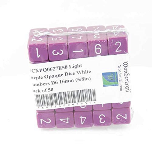 Light Purple Opaque Dice with White Numbers D6 Aprox 16mm (5/8in) Pack of 50 Wondertrail
