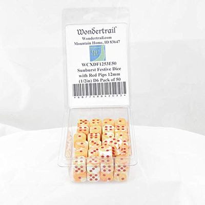 Sunburst Festive Dice with Red Pips 12mm (1/2in) D6 Pack of 50 Wondertrail
