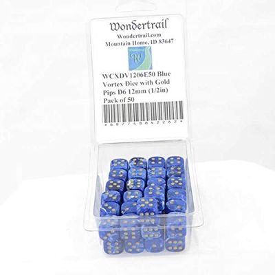 Blue Vortex Dice with Gold Pips D6 12mm (1/2in) Pack of 50 Wondertrail