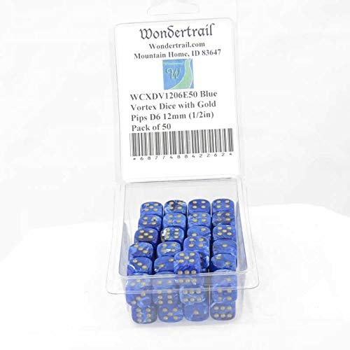 Blue Vortex Dice with Gold Pips D6 12mm (1/2in) Pack of 50 Wondertrail