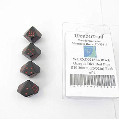Black Opaque Dice with Red Pips D10 20mm (25/32in) Pack of 4 Wondertrail