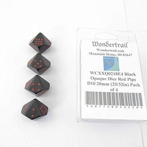 Black Opaque Dice with Red Pips D10 20mm (25/32in) Pack of 4 Wondertrail