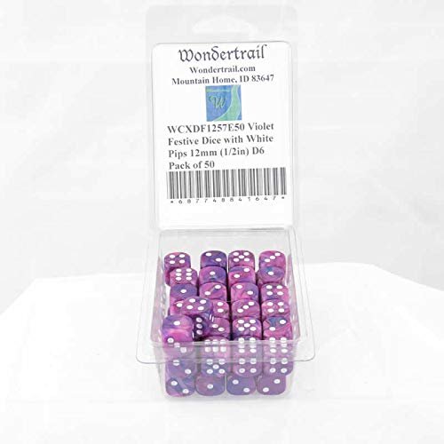Violet Festive Dice with White Pips 12mm (1/2in) D6 Pack of 50 Wondertrail