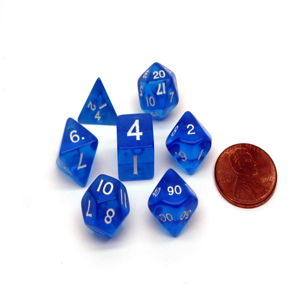 Koplow KPL19186 Mini Transparent Blue Dice with White Numbers - 7 Piece