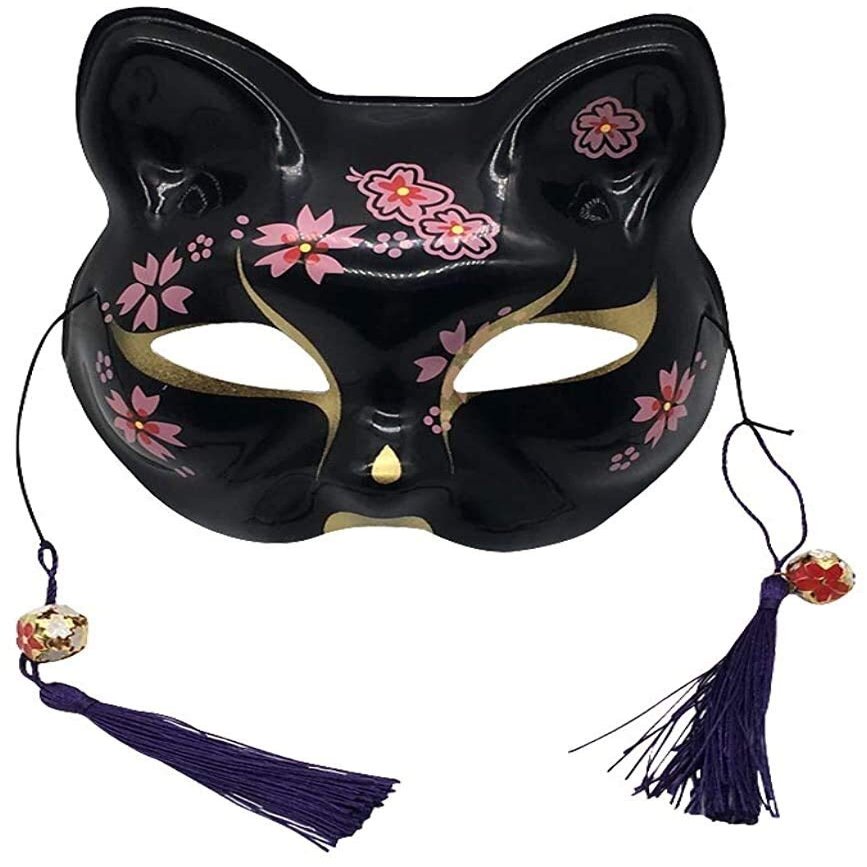 Luxury Novelty Kitsune Fox Mask for Masquerade Ball, Animal Cosplay Kabuki Cat Masks Carnival Carnival (Color : Black Magical Flower)