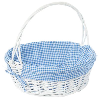 White Round Willow Wicker Gift Basket with Blue Gingham Liner & Handle, Large Decorative Foraging, Picnic, Storage Basket