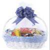 White Round Willow Wicker Gift Basket with Blue Gingham Liner & Handle, Large Decorative Foraging, Picnic, Storage Basket view 2