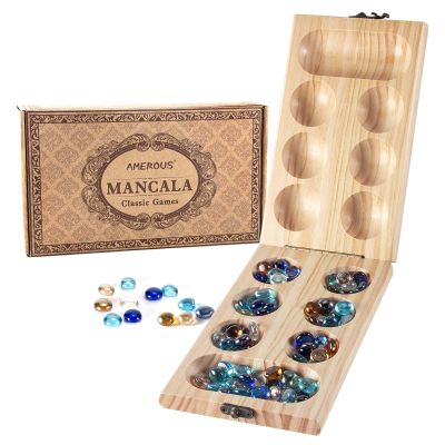 AMEROUS Wooden Mancala Board Game Set - Folding Board - Multi Color Glass Stones - Gift Package - Mancala Instructions, Portable Travel Board Game for Kids and Adults
