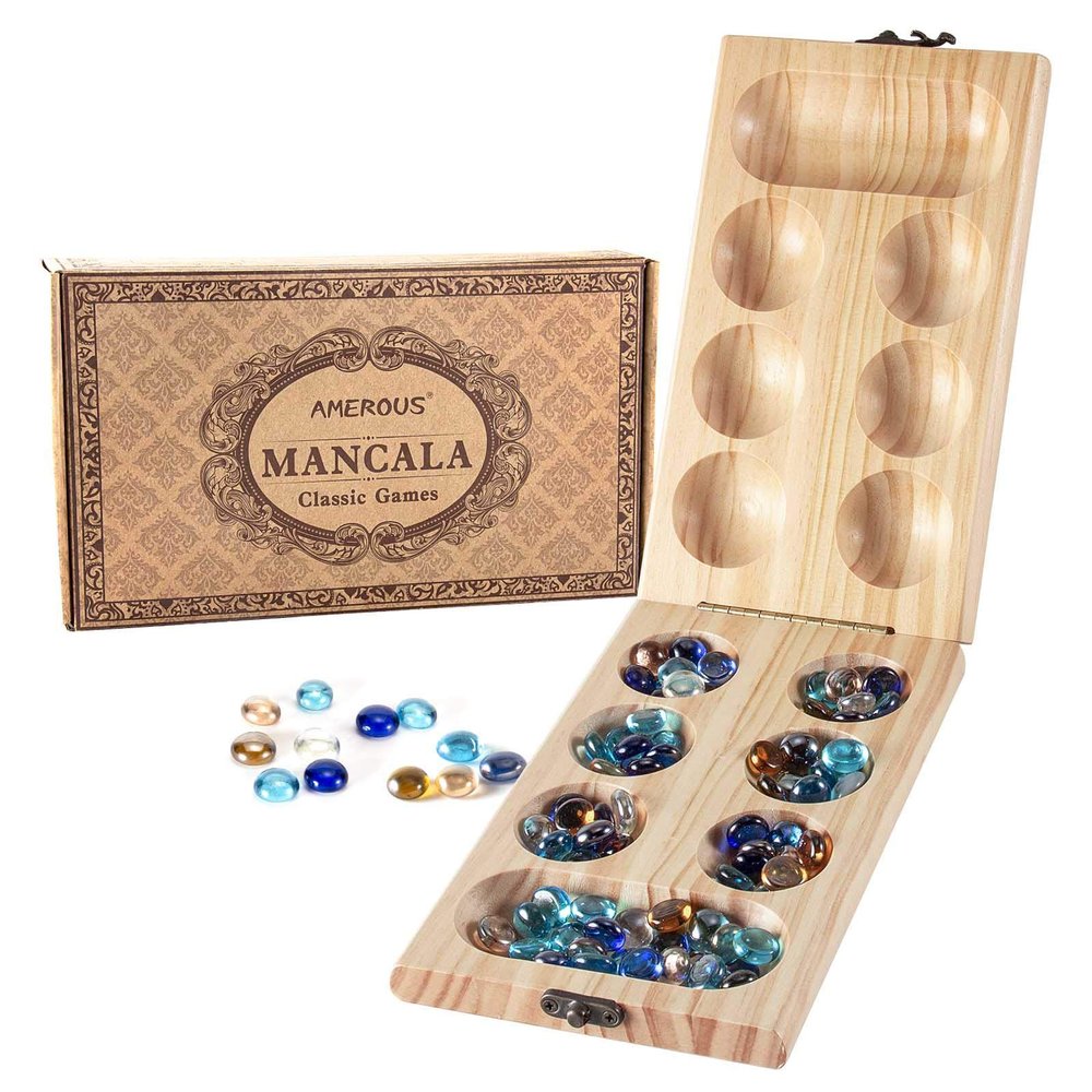 AMEROUS Wooden Mancala Board Game Set - Folding Board - Multi Color Glass Stones - Gift Package - Mancala Instructions, Portable Travel Board Game for Kids and Adults