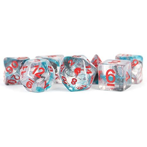 Battle Wounds Unicorn Dice with Red Numbers Acrylic 7 Dice Set Metallic Dice Games