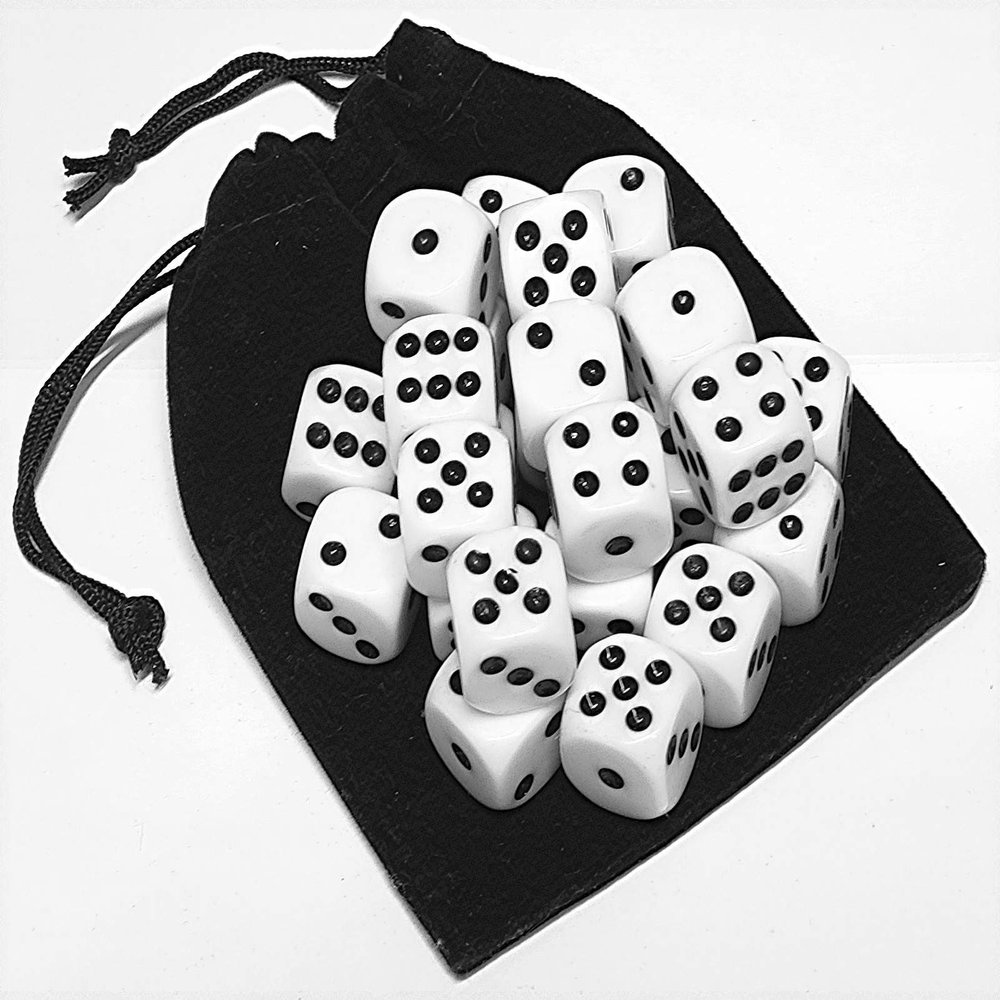 Cyber-Deals Set of 16mm Rounded Corners 6-Sided Opaque Pip Dice with Black Velvet Pouch ((25) White Pip Dice)