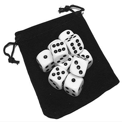 Cyber-Deals Set of 16mm Rounded Corners 6-Sided Opaque Pip Dice with Black Velvet Pouch ((10) White Pip Dice)