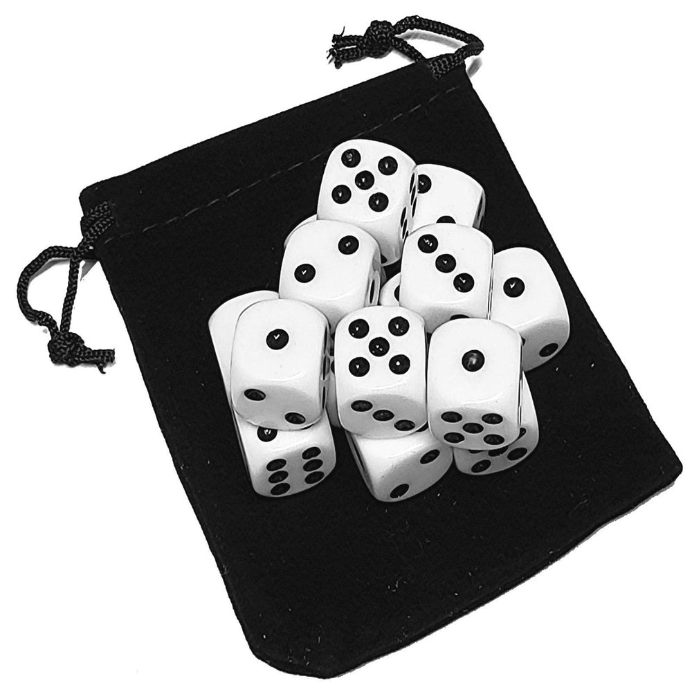 Cyber-Deals Set of 16mm Rounded Corners 6-Sided Opaque Pip Dice with Black Velvet Pouch ((15) White Pip Dice)
