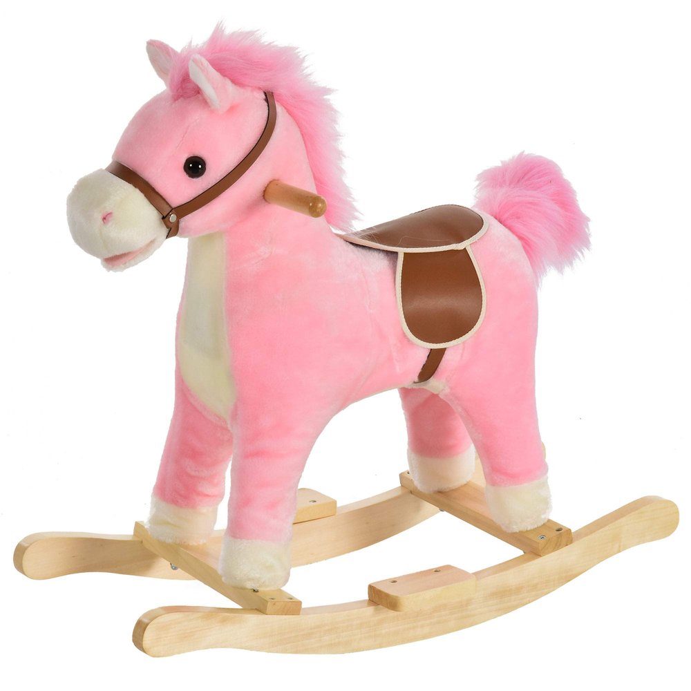 HOMCOM Children's Rocking Horse Baby Rocking Animal Horse with Animal Sounds Toy Handles for 36-72 Months Plush Pink 65 x 32.5 x 61 cm
