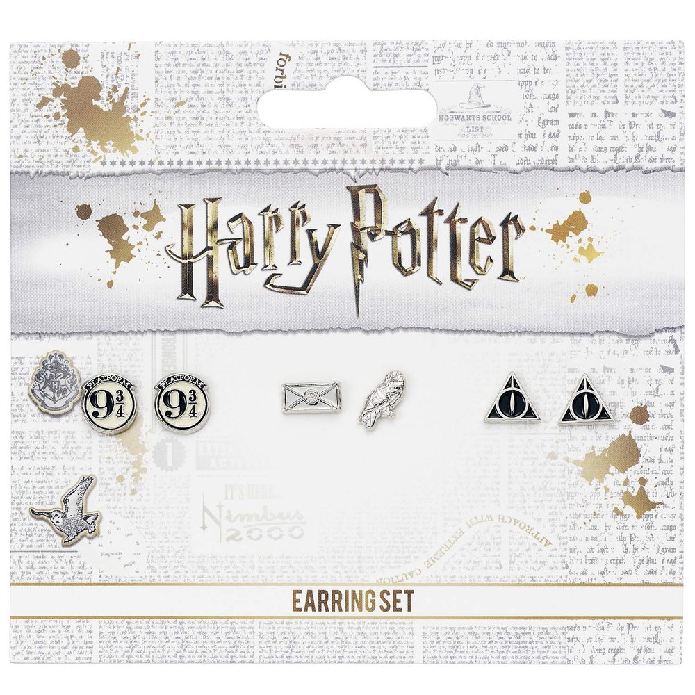 Official Harry Potter Stud Earring Set including Platform 9 3/4, Hedwig & Letter, and the Deathly Hallows earrings WE0107